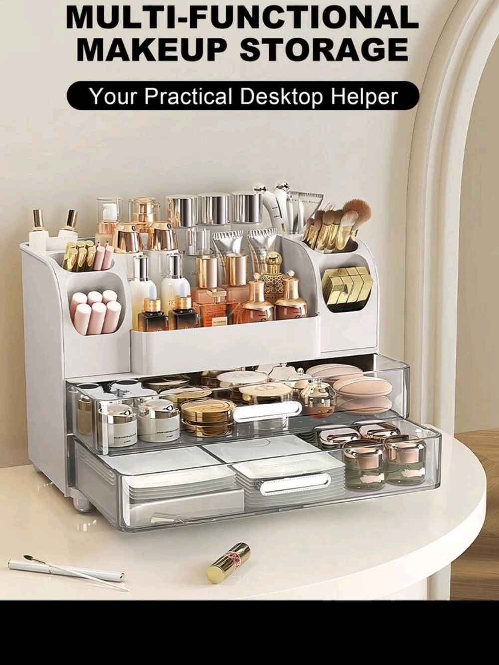 White Makeup Organizer Storage Drawer with Clear Front - Picture 2 of 11